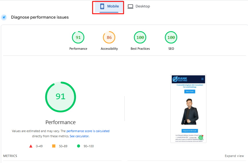 Phone View Page Speed of Rank Fast Pro